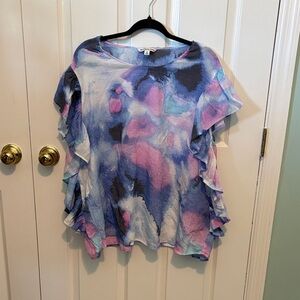 Zac & Rachel Pastel Blue and Pink Tie-Dye Ruffle Sleeve Blouse